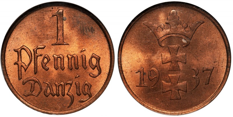 Wolne Miasto Gdańsk, 1 fenig 1937 - NGC MS65 RD
 Menniczy egzemplarz z głębokim...