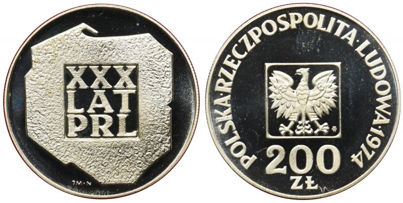 XXX lat PRL, 200 złotych 1974 - lustrzanka
 Piękna moneta wybita stemplem lustr...