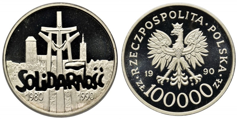 Mała Solidarność, 100.000 złotych 1990 - lustrzanka
 Rzadsza odmiana bita stemp...