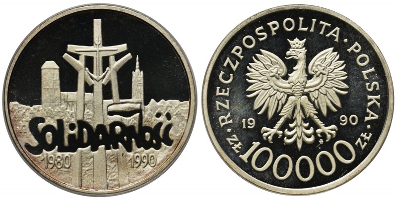 Mała Solidarność, 100.000 złotych 1990 - lustrzanka
 Rzadsza odmiana bita stemp...