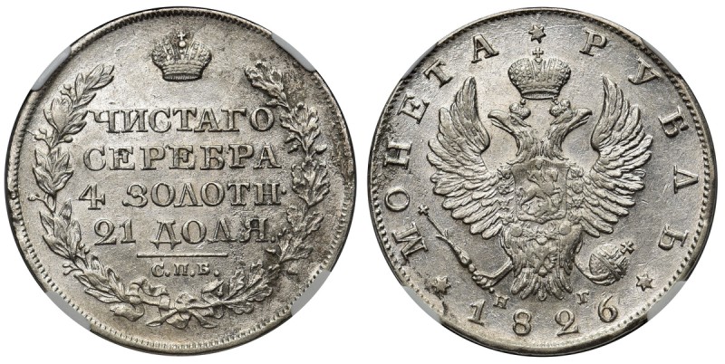 Rosja, Mikołaj I, Rubel 1826 СПБ НГ - NGC AU DETAILS
 Rzadki rocznik. Bardzo ła...