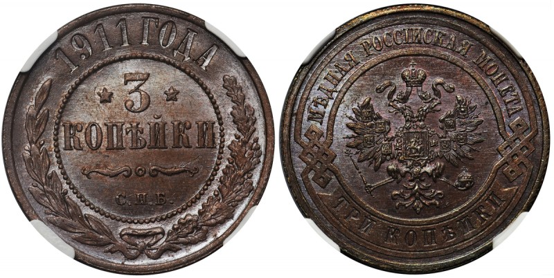 Rosja, Mikołaj II, 3 kopiejki 1911 СПБ - NGC MS65 BN
 Moneta niezwykłej urody. ...