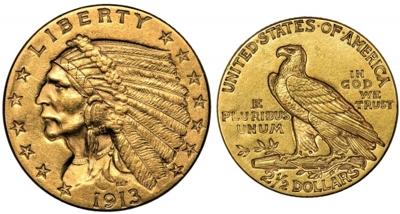USA, 2 1/2 dolara 1913 Filadelfia - Indian Head
 Bardzo dobry detal. Menniczy p...