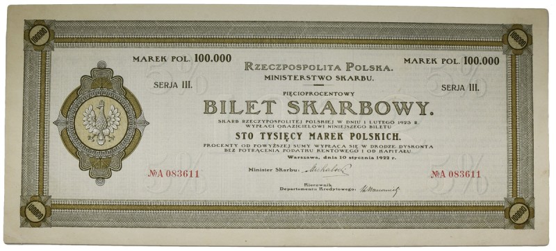 Bilet Skarbowy, Serja III - 100.000 marek 1922
 Najwyższy nominał.&nbsp; Subtel...