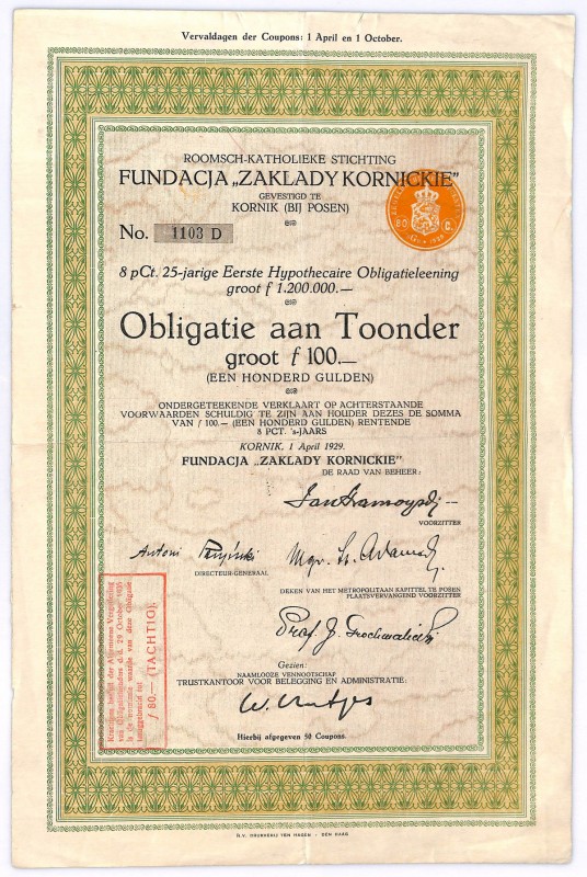 Obligacja, Fundacja Zakłady Kornickie, 100 guldenów 1929
 GermanyBONDS AND SHAR...