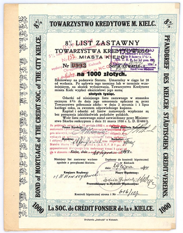 8% List Zastawny - Towarzystwo Kredytowe Miasta Kielc - 1.000 złotych 1929(44) ...