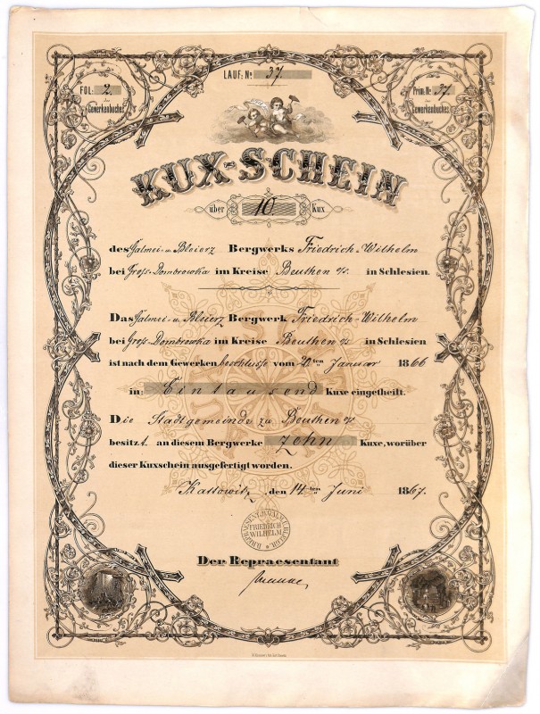 KUX SCHEIN Kopalnia Friedrich Wilhelm, 1 Kuks 1867 Katowice - DUŻA RZADKOŚĆ
 Og...