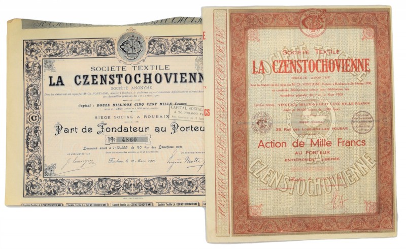 Spółka Tekstylna CZĘSTOCHOWA S.A., 1000 franków 1900 (2szt.)
 Razem: 2 sztuki. ...