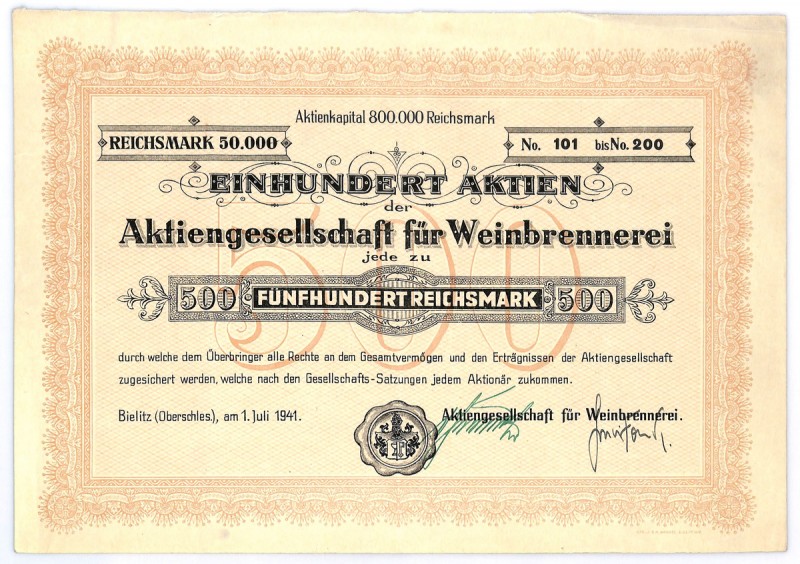 Bielitz - Bielsko - Aktiengesellschaft fur Weinbrennerei, 100 x 500 RM 1941
 Ak...