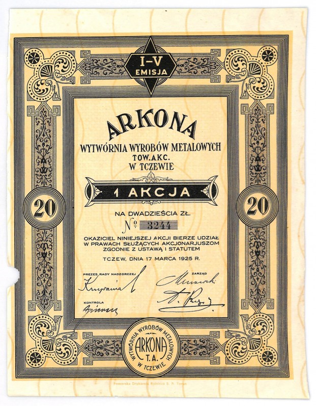 ARKONIA Wytwórnia Wyrobów Metalowych Tow. Akcyjne, Em.1-4, 20 złotych 1925 
 Zn...