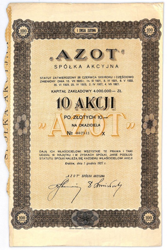 AZOT Spółka Akcyjna w Borach, Em.1, 10x10 złotych 1927
 Podpis (a dokładniej fa...