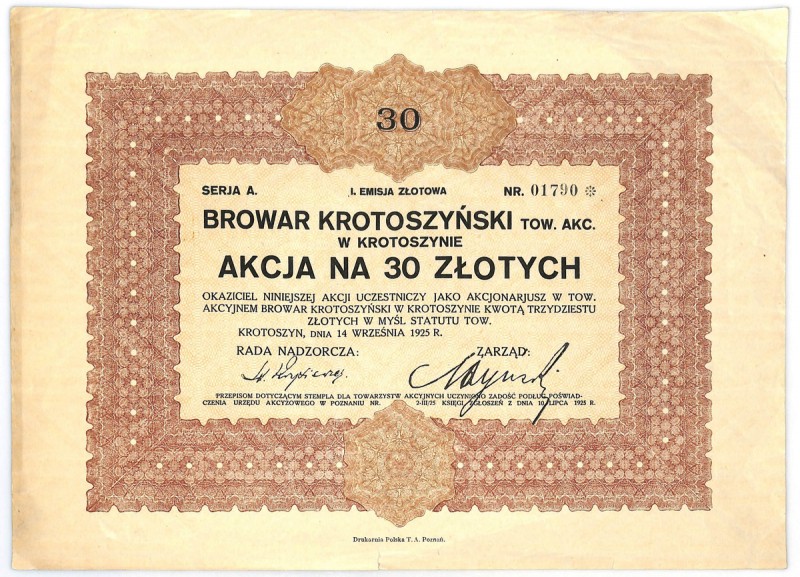 Browar Krotoszyński Tow. Akc. w Krotoszynie, Em.1, 30 złotych 1925
 Nieczęsto s...