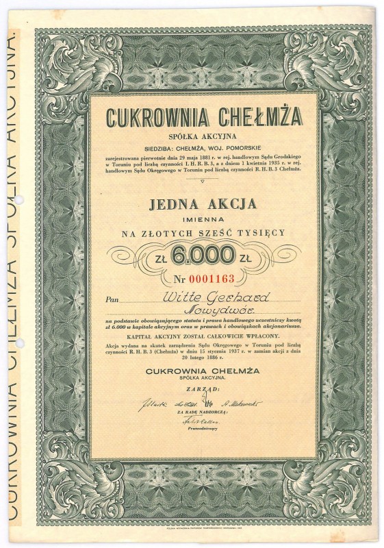 Cukrownia CHEŁMŻA S.A., 6000 złotych 1937
 Piękny i nietypowy walor cukrowni w ...