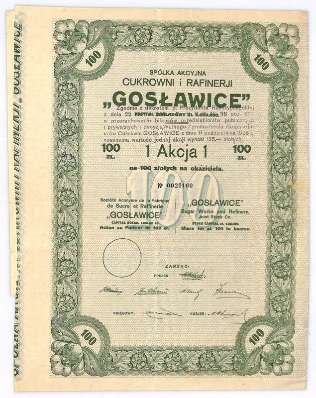 Cukrownia i Rafineria GOSŁAWICE, 100 na 125 złotych 1925
 Walor 'Gosławic' w od...