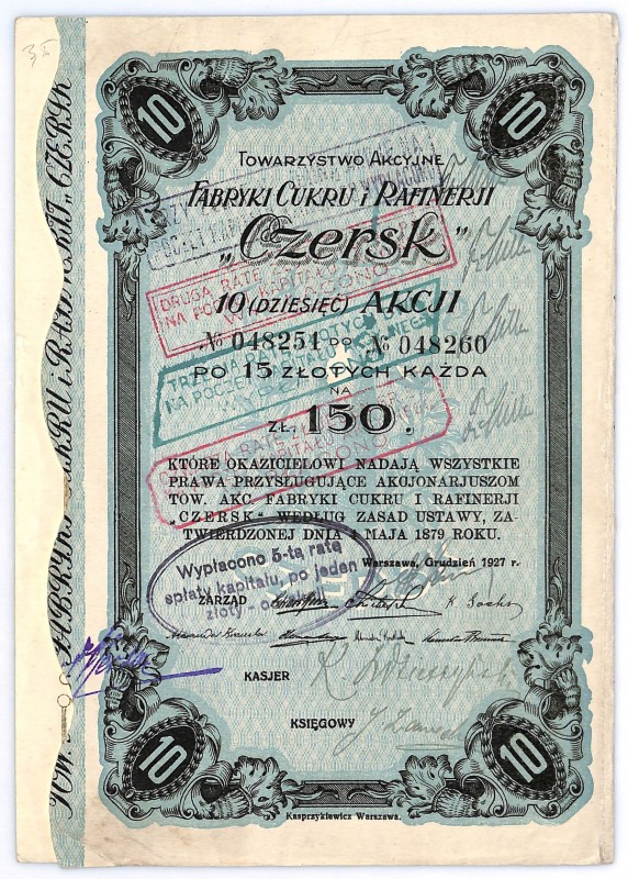 Towarzystwo Akcyjne Fabryki Cukru i Rafinerji CZERSK, 10 x 15 złotych 1927
 W o...