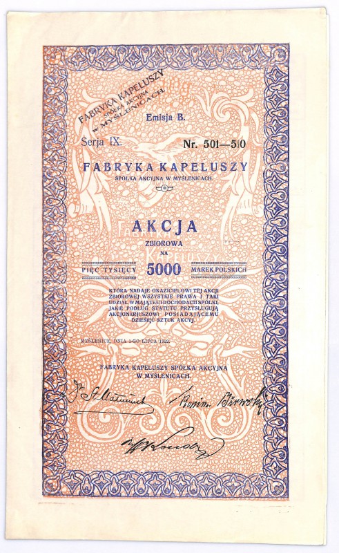 Fabryka Kapeluszy S.A. w Myślenicach, Em.B, Serja IX, 5000 marek 1922
 Spółka k...