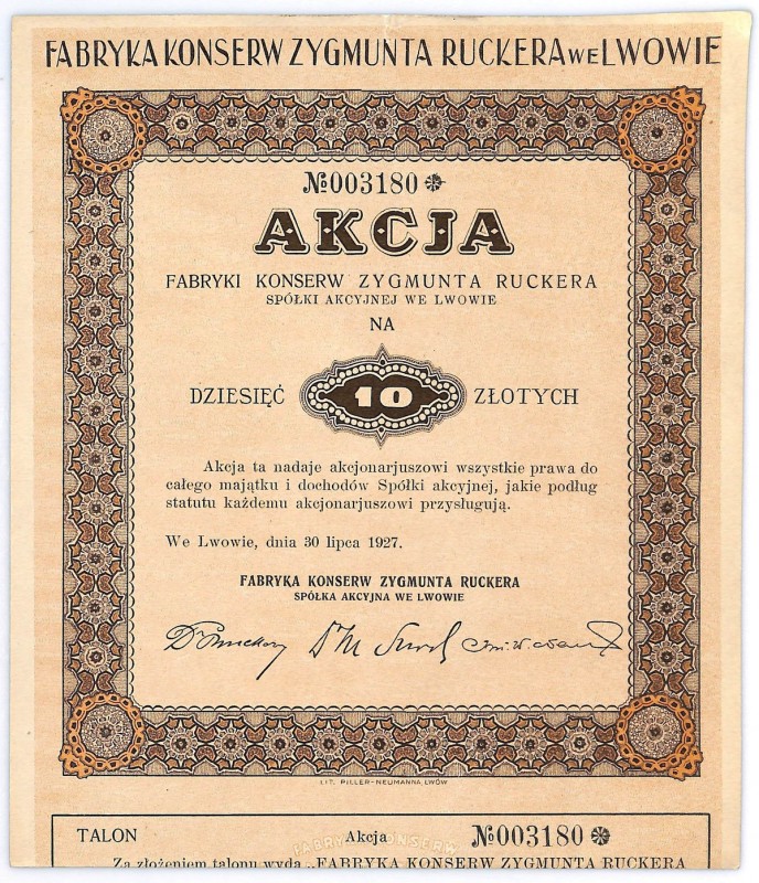 Fabryka Konserw Zygmunta Ruckera S.A. we Lwowie, 10 złotych 1927 - RZADKA
 Akcj...