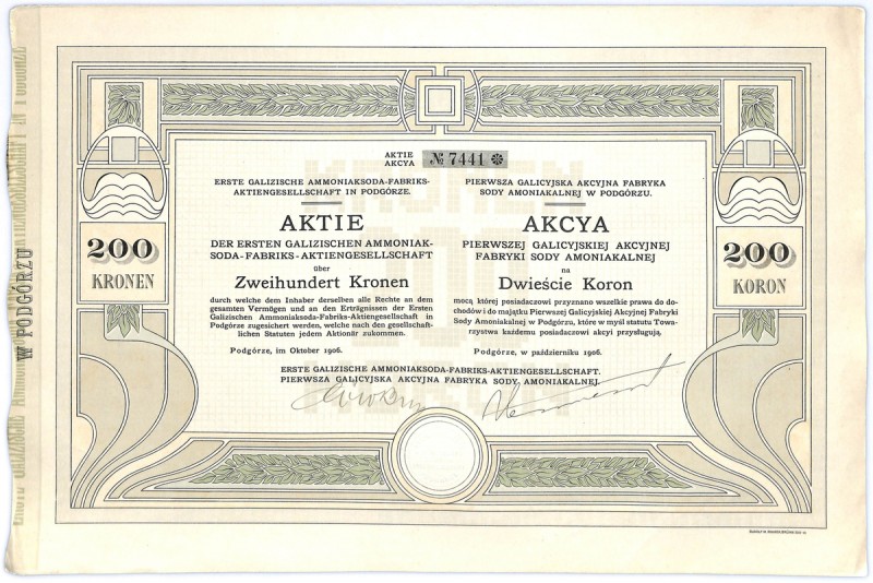 Pierwsza Galicyjska Akcyjna Fabryka Sody Amoniakalnej w Podgórzu, 200 koron 1906...