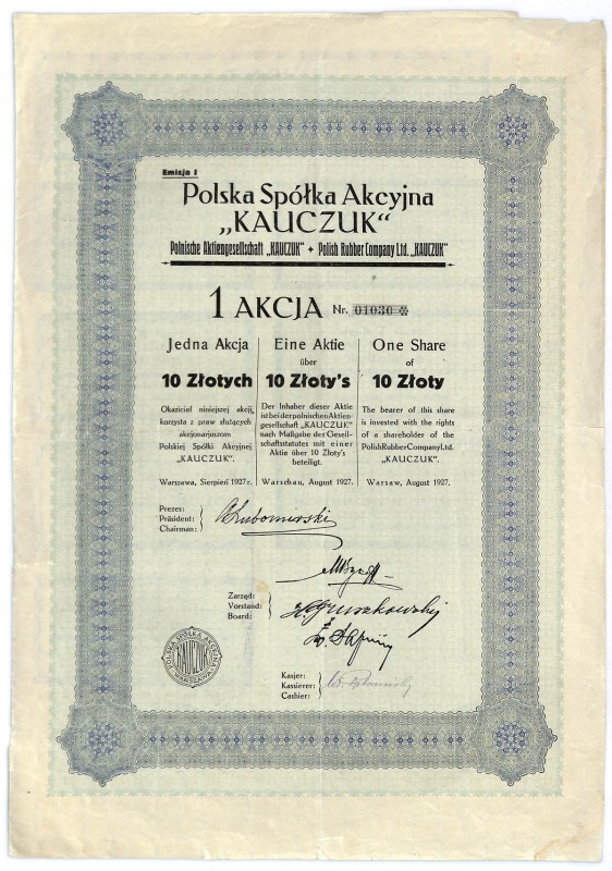 Polska S.A. KAUCZUK, 10 złotych 1927
 Akcja bardzo dużego formatu, a przez to c...