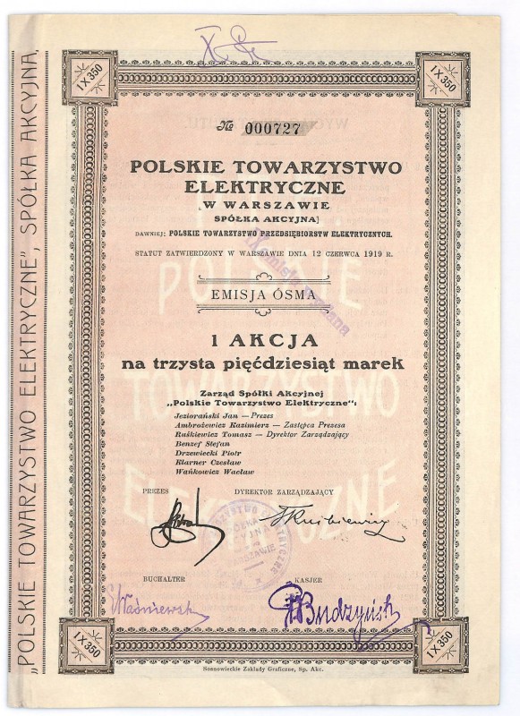 Polskie Towarzystwo Przedsiębiorstw Elektrycznych w Warszawie Em.8, 350 marek 19...