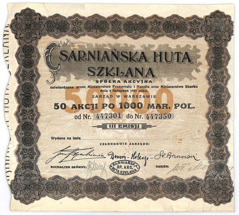 Sarniańska Huta Szklana S.A., Em.3, 50x1000 marek 1923
 Huta w Sarnach na Kresa...