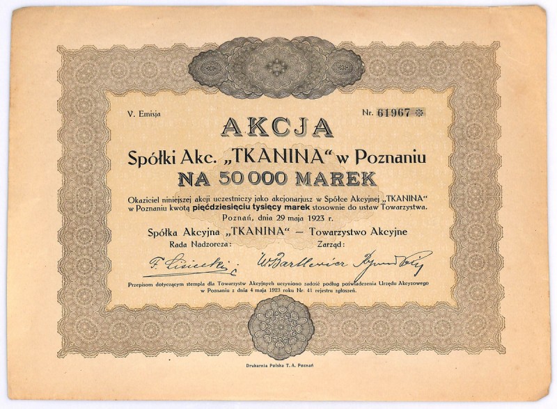 S.A. TKANINA w Poznaniu, Em.5, 50000 marek 1923 
 Nieczęsta akcja. Zwraca uwagę...