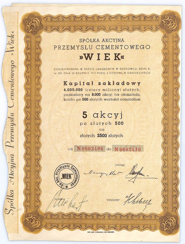 S.A. Przemysłu Cementowego WIEK, 5x500 złotych 1937 
 Mimo, że walor wygląd zwy...