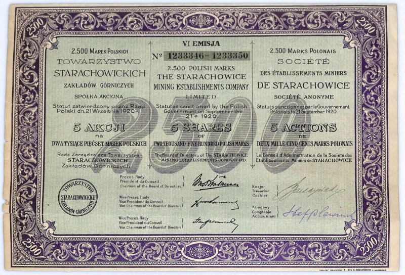 Towarzystwo Starachowickich Zakładów Górniczych S.A., Em.6, 5x500 marek 1923
 N...