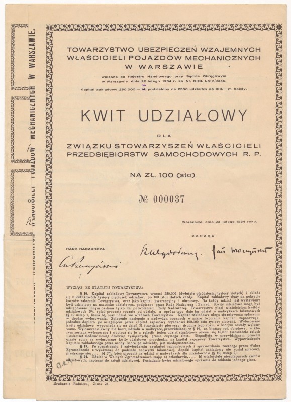 Związek Stowarzyszeń Właścicieli Przedsiębiorstw Samochodowych R.P. - Kwit udzia...