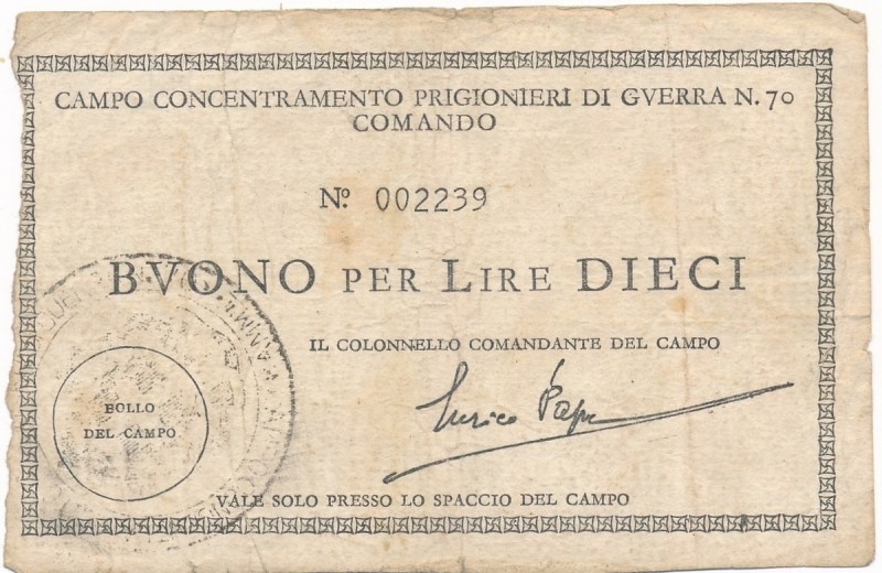 Italy, POW Camp P.G.70 - 10 lire ND
Włochy, Obóz koncentracyjny P.G.70 - 10 lir...