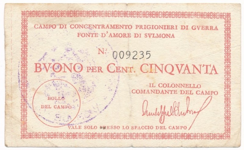 Italy, POW 'Fonte D'Amore Di Svlmona' - 50 cents ND
Włochy, Obóz koncentracyjny...