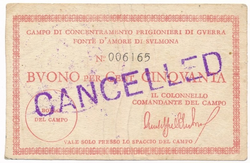 Italy, POW 'Fonte D'Amore Di Svlmona' - 50 cents ND CANCELLED
Włochy, Obóz konc...