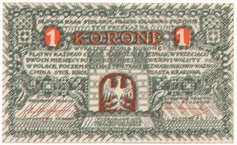 Kraków, 1 korona 1919 - A - 
 &nbsp; 

Grade: UNC 
Reference: Podczaski G-13...
