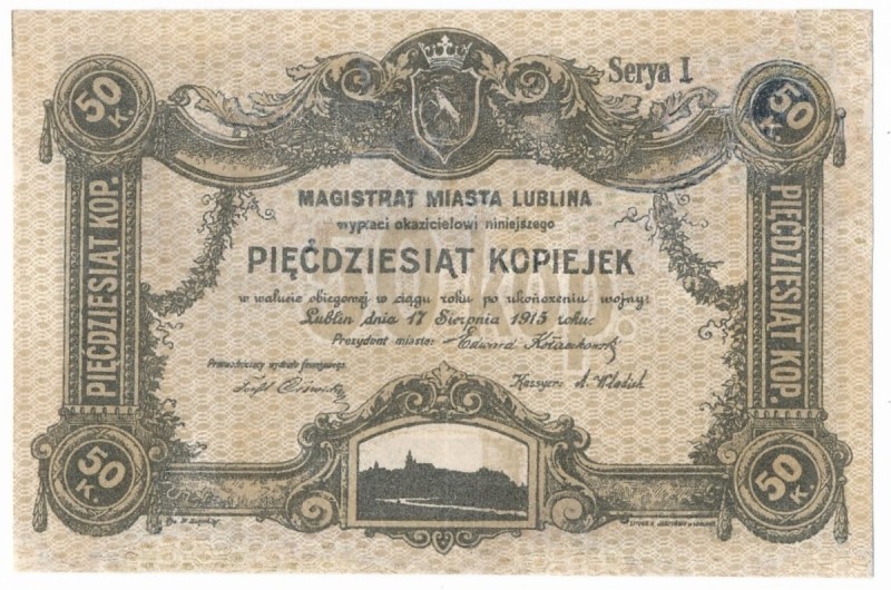 Lublin, Magistrat, 50 kopiejek 1915 - RZADKOŚĆ
 Ogromnej rzadkości bon, wydany ...