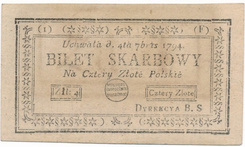 4 złote 1794 (1)(F)
 Pięknie zachowany egzemplarz. Technicznie znakomity, jedni...