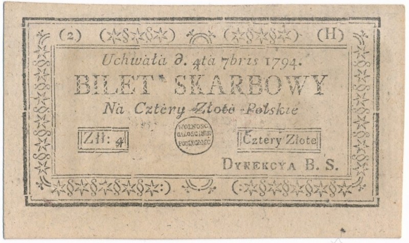 4 złote 1794 (2)(H)
 Rzadsza druga seria. Piękny egzemplarz. Nieznaczne przycze...