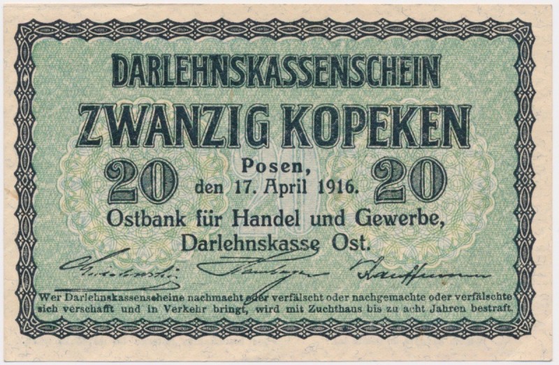 Poznań 20 kopiejek 1916 
 Niepozorny, aczkolwiek trudny w stanach bankowych ban...