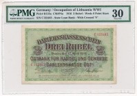 Poznań 3 ruble 1916 - D - długa klauzula - PMG 30 - RZADKI