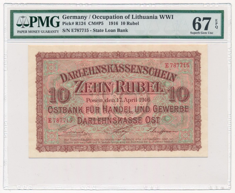 Poznań 10 rubli 1916 - E - PMG 67 EPQ - WYSELEKCJONOWANY
 Typologicznie banknot...