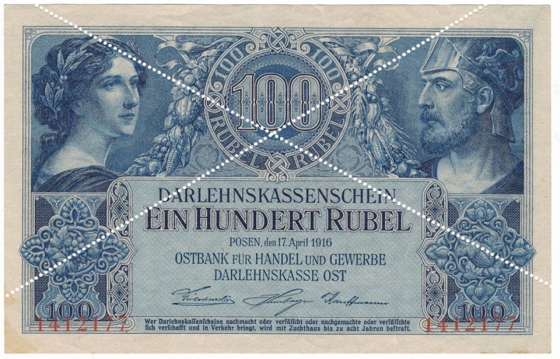 Posen 100 rubles 1916 SPECIMEN - RARE
Poznań 100 rubli 1916 WZÓR KASOWY - numer...