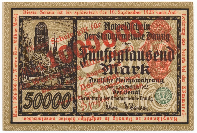 Gdańsk 1 milion marek 1923 - czerwony nadruk
 Rzadka odmiana. Nadruk w kolorze ...
