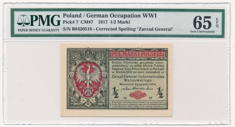 1/2 marki 1916 Generał - PMG 65 EPQ
 Emisyjny stan zachowania.&nbsp; 

Grade:...