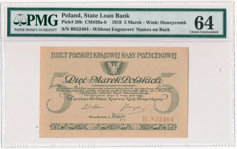 5 marek 1919 - B - PMG 64
 Odmiana jednoliterowa, wysokość cyfr numeratora 3.75...