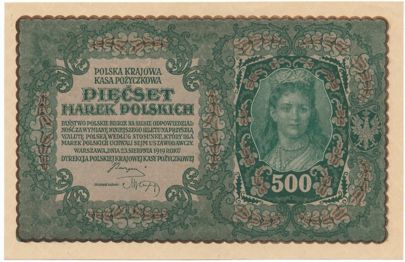 500 marek 1919 - II Serja K
 Upper right corner creased. Light crease around up...