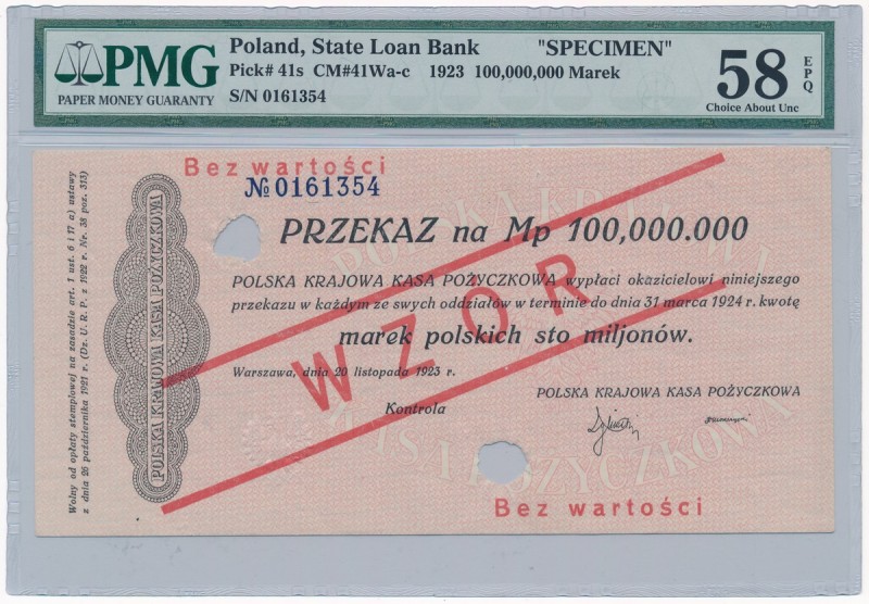 Przekaz, 100 milionów marek 1923 - WZÓR - PMG 58 EPQ - WYŚMIENITY
 Odmiana z nu...