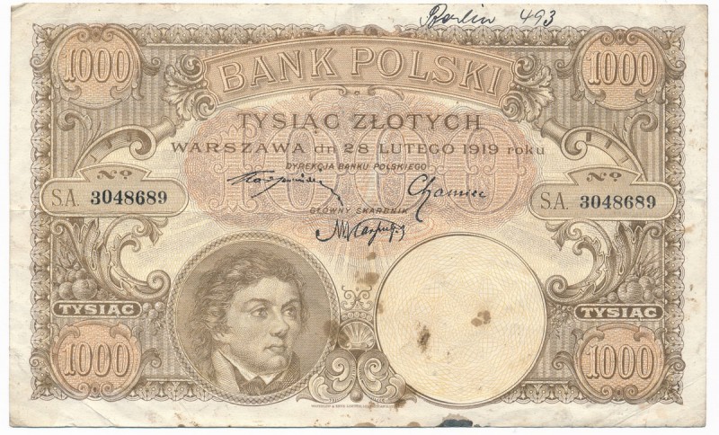 1.000 złotych 1919 S.A 
 Ceniony banknot z piękną, dekoracyjną grafiką. Według ...