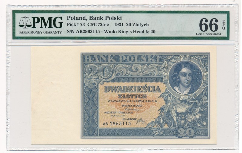 20 złotych 1931 AB - PMG 66 EPQ - rzadka odmiana
 Rzadka odmiana. Wysokość lite...