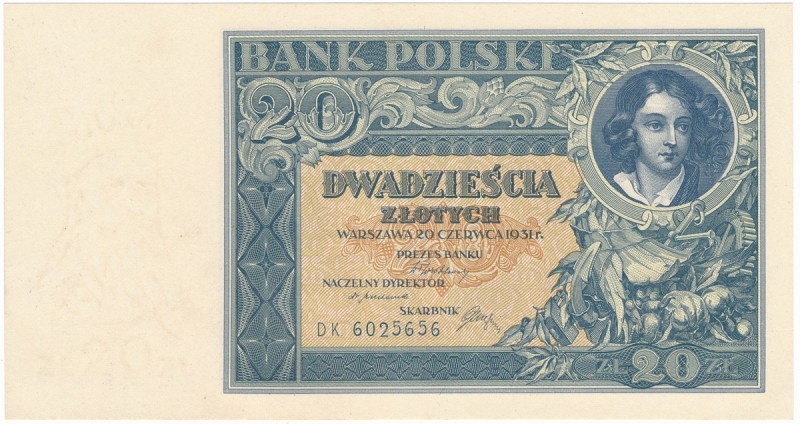 20 złotych 1931 D.K
 Emisyjny stan zachowania. Bez typowego foxingu. 


Grad...