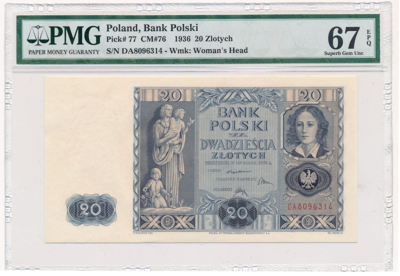 20 złotych 1936 - DA - PMG 67 EPQ
 Druk na białym papierze.&nbsp; Wyśmienita sz...