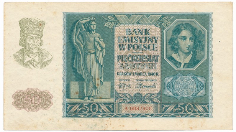 50 złotych 1940 - A - 
 Pierwsza seria A.&nbsp; Mocno ugięty w pionie. Wyraźny ...